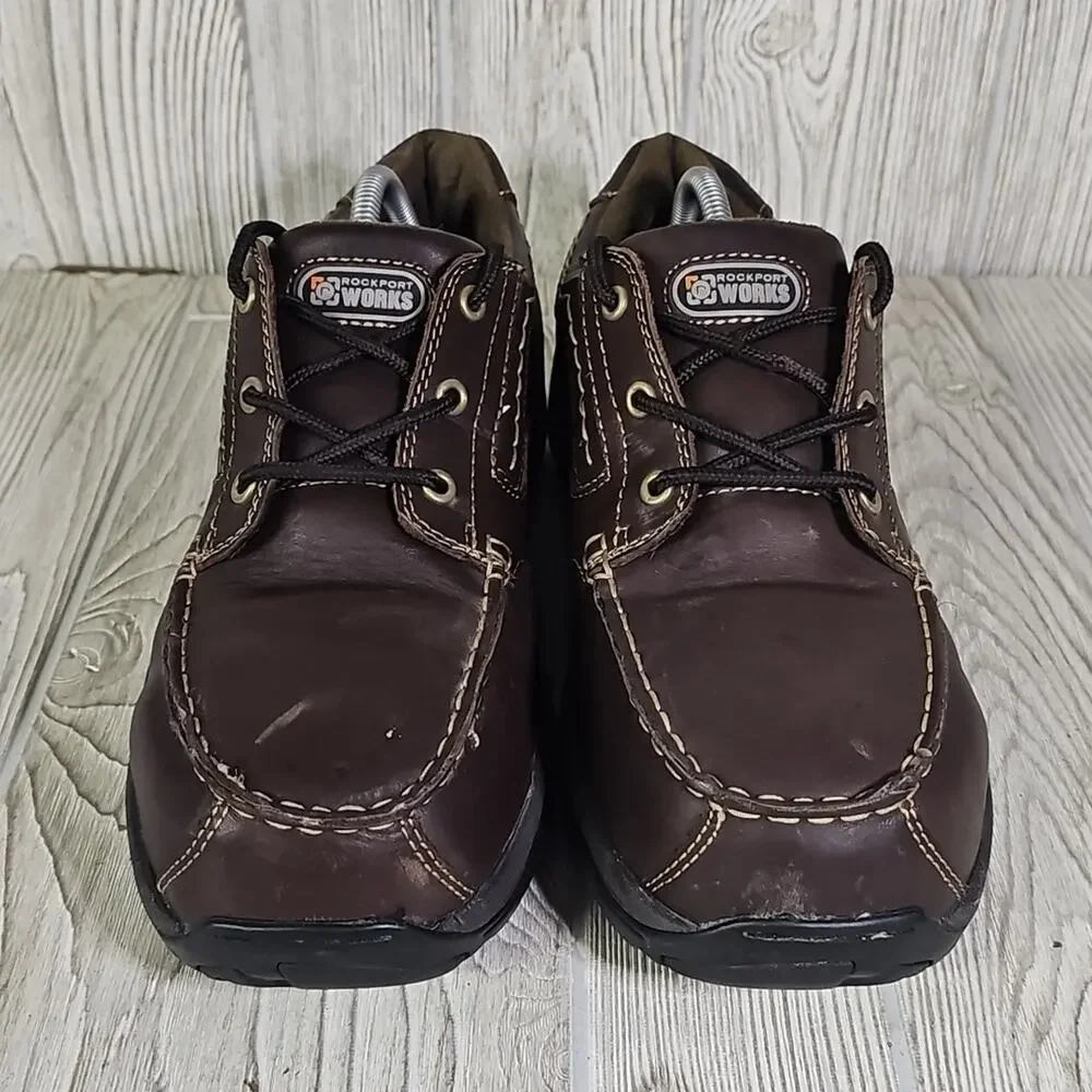 Rockport Works Lace Up Sailing Club Steel Toe Work Shoes Brown Leather Mens 10.5